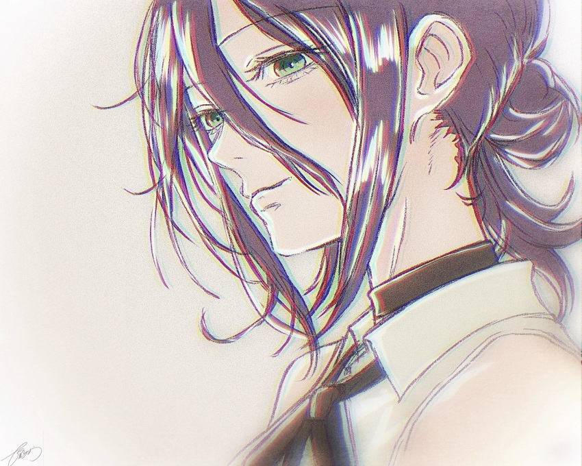 1girl, black_choker, black_ribbon, chainsaw_man, choker, closed_mouth, green_eyes, hair_between_eyes
