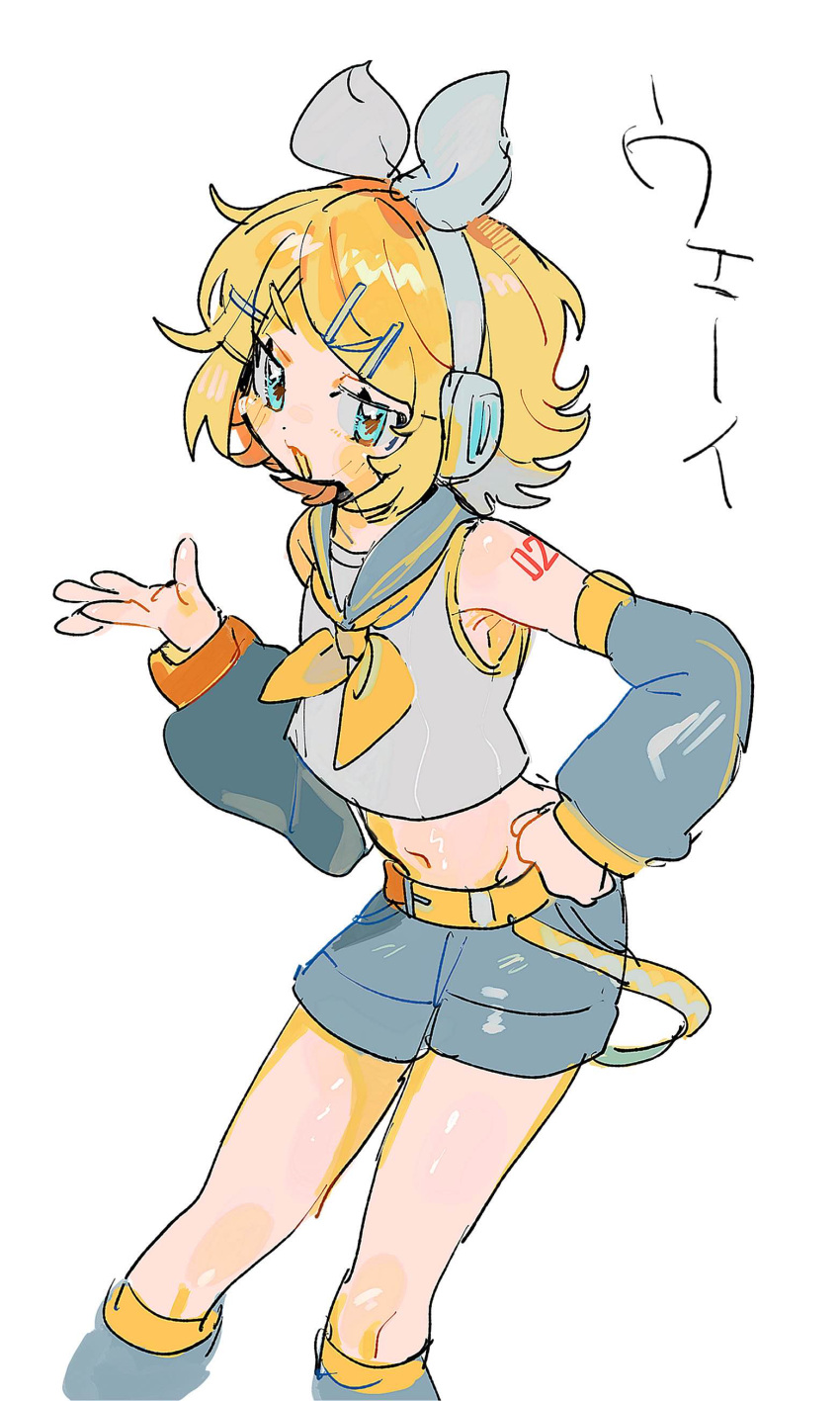 1girl, absurdres, black_shorts, black_sleeves, blonde_hair, blue_eyes, cropped_shirt, detached_sleeves