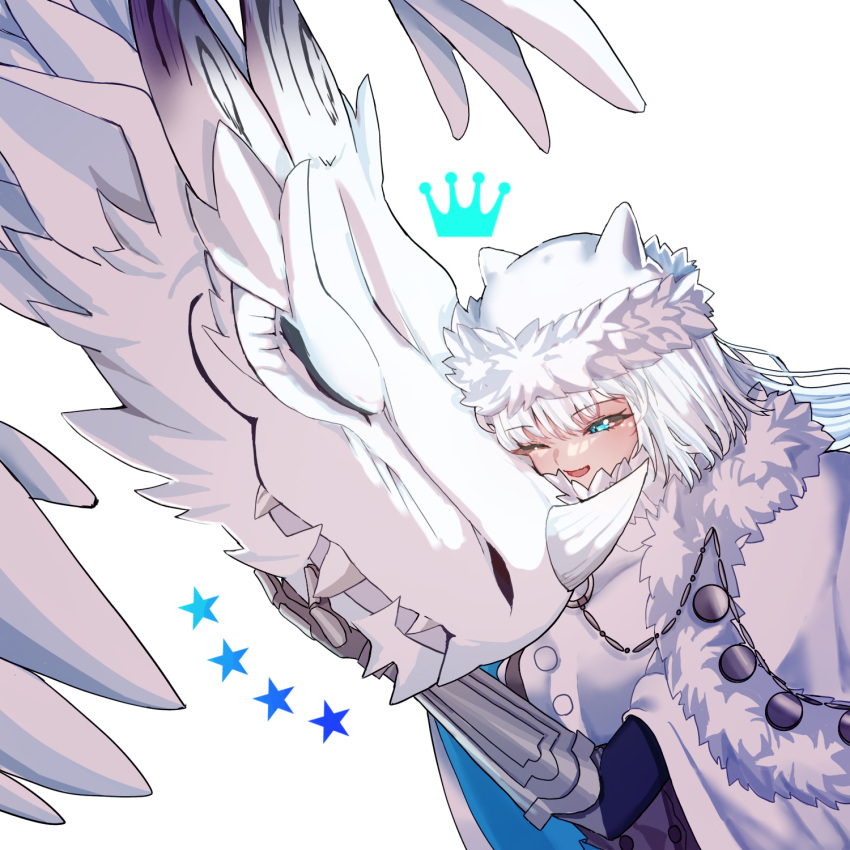 1girl, animal_ears, blue_eyes, cape, cat_ears, crown_(symbol), cuddling, dobrynya_nikitich_(fate)
