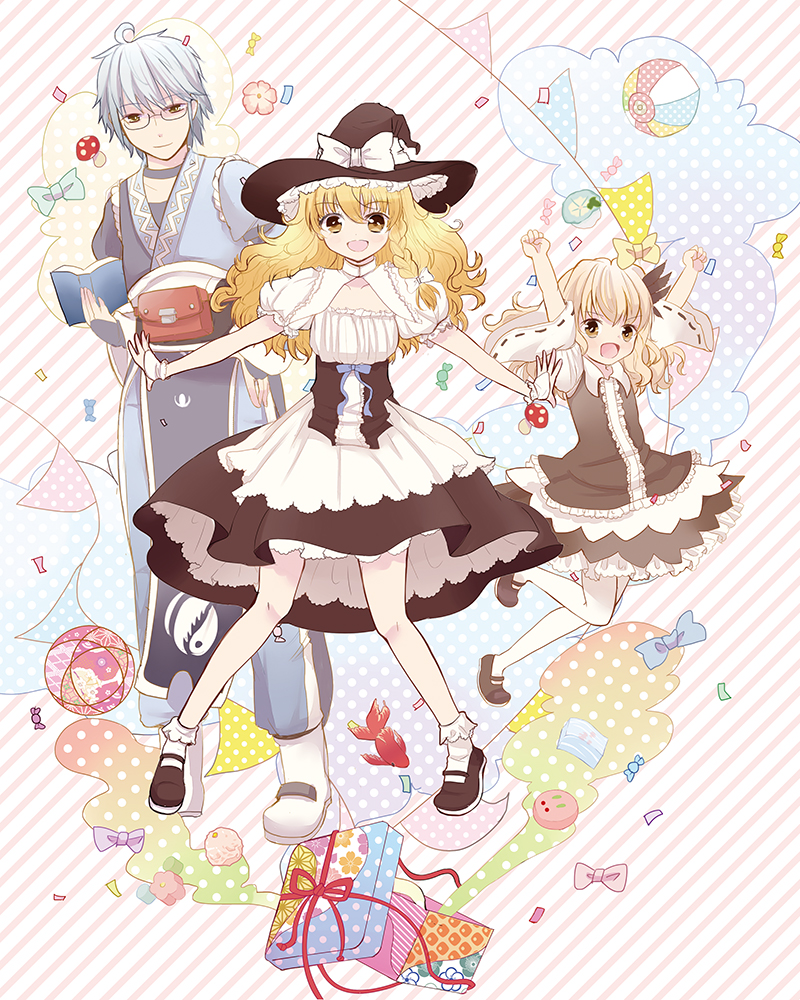 1boy, 1girl, :d, age_comparison, aged_down, alternate_costume, apron, arms_up