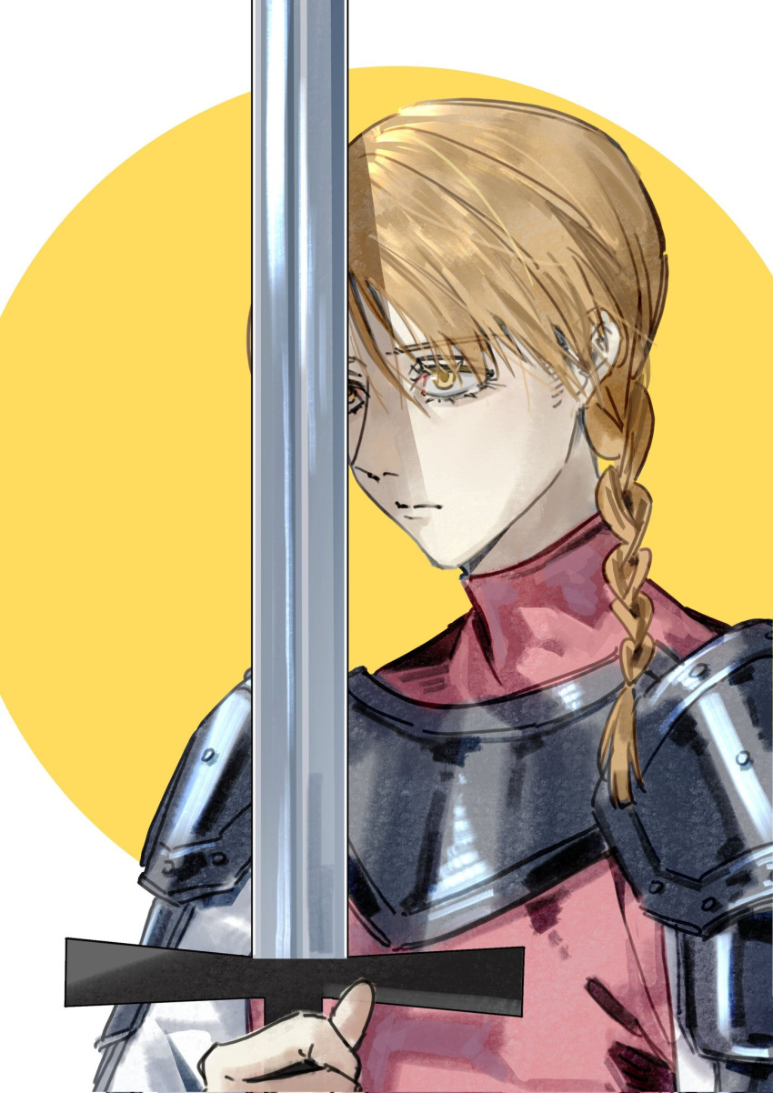 1girl, armor, blonde_hair, border, braid, chi.:_chikyuu_no_undou_ni_tsuite, closed_mouth, dress