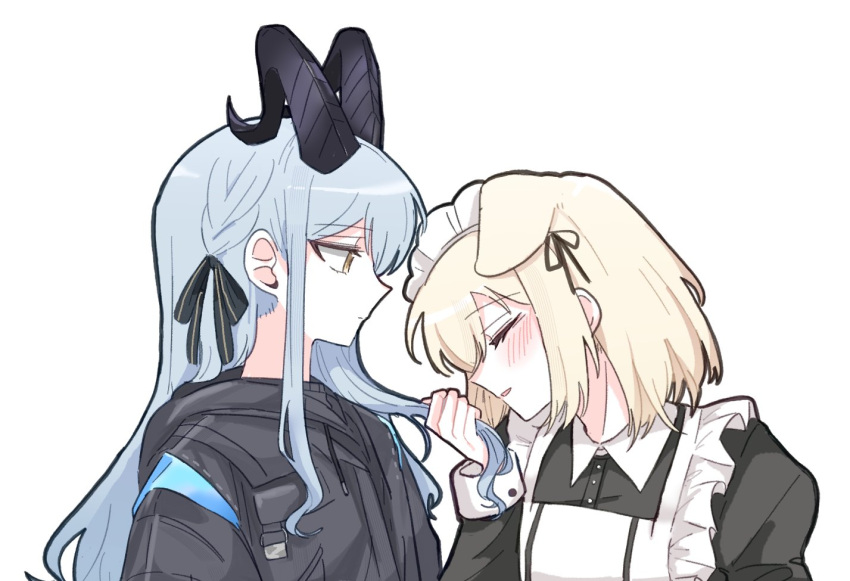 2girls, animal_ears, arknights, at_09098, bang_dream!, bang_dream!_it's_mygo!!!!!, black_dress, black_jacket, black_ribbon, blonde_hair, blue_hair, blush, closed_eyes, closed_mouth, commentary, demon_horns, dog_ears, dress, hair_ribbon, hand_in_another's_hair, horns, jacket, kemonomimi_mode, kissing_hair, long_hair, maid_headdress, misumi_uika, misumi_uika_(caged_singer), multiple_girls, parted_lips, ribbon, simple_background, symbol-only_commentary, togawa_sakiko, togawa_sakiko_(master_of_melodia), two_side_up, white_background, white_headdress, yellow_eyes, yuri