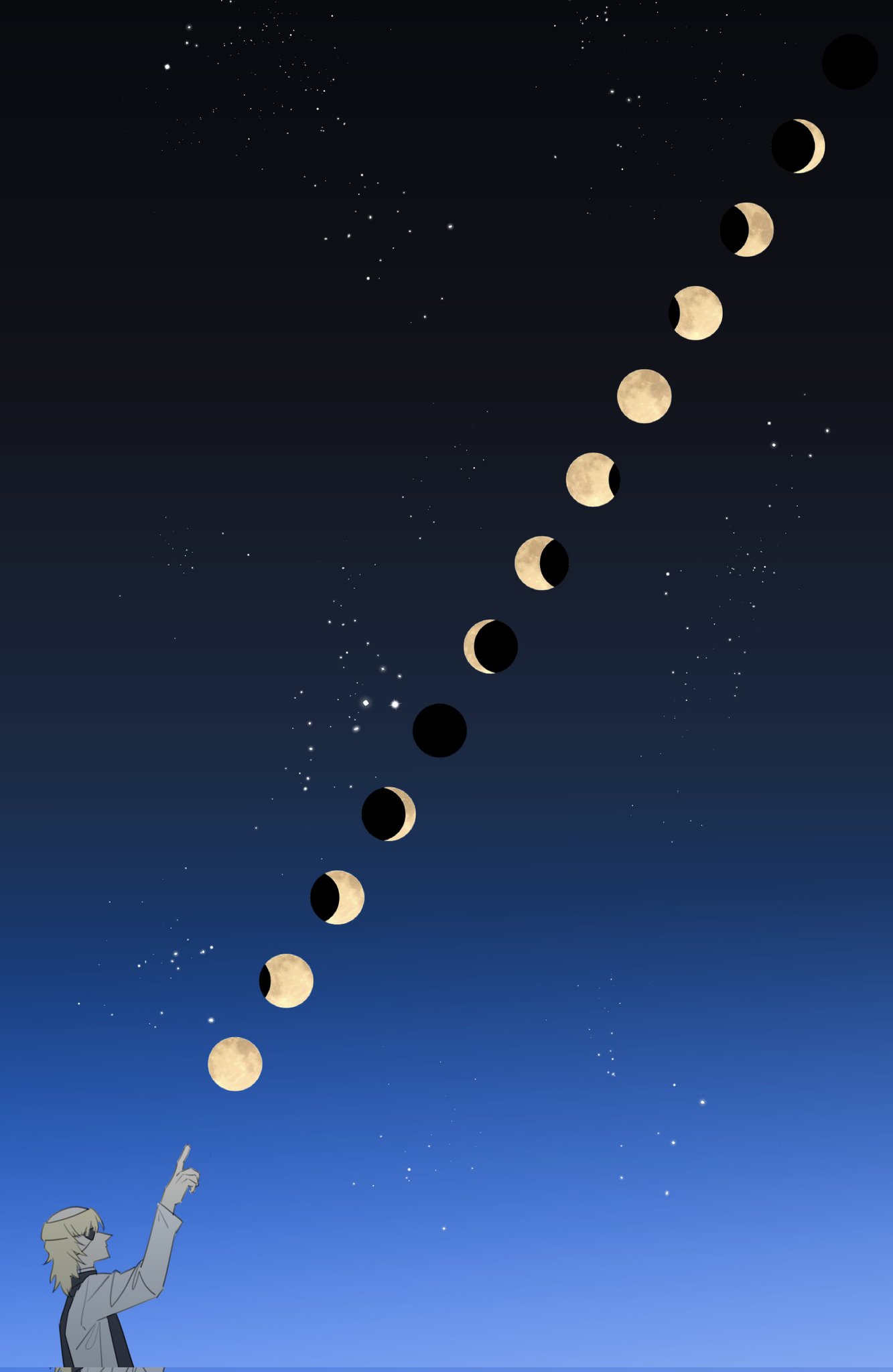 1boy, badeni, black_robe, blonde_hair, chi.:_chikyuu_no_undou_ni_tsuite, crescent_moon, eyepatch, full_moon