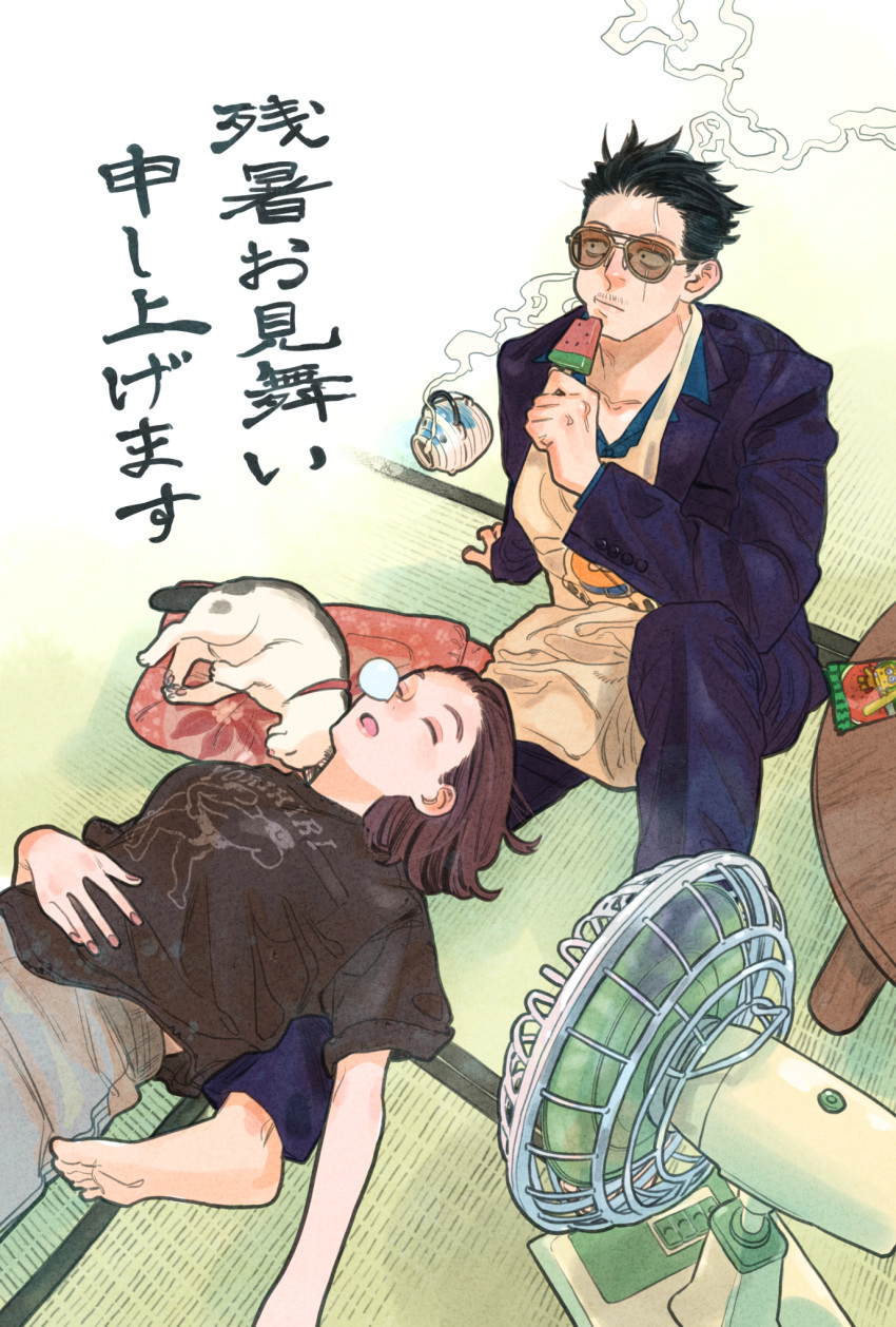 1boy, 1girl, animal, apron, black_hair, black_shirt, blue_suit, brown_hair