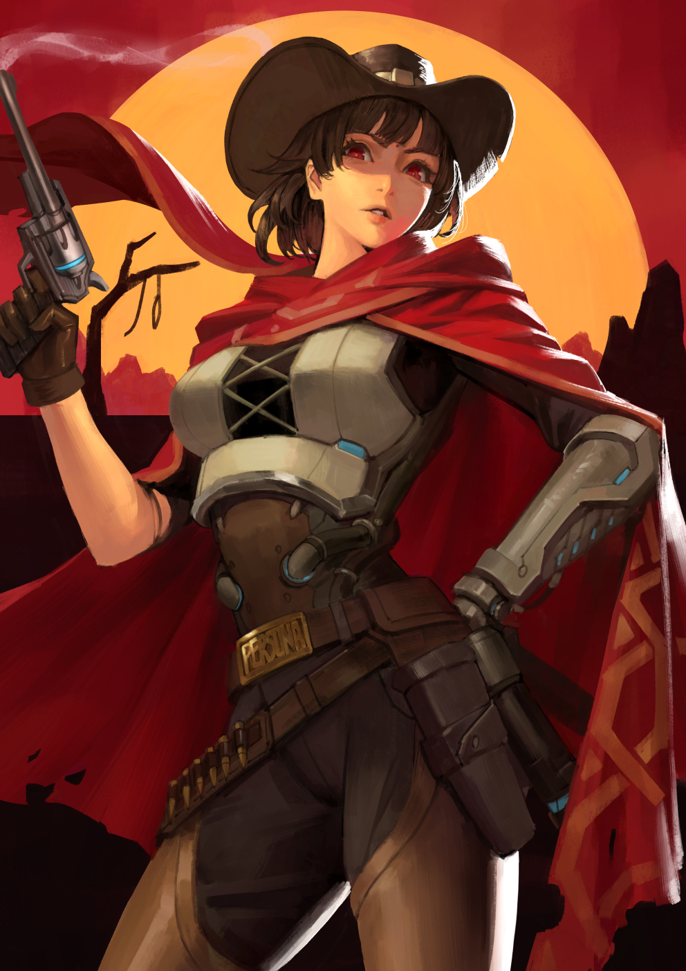 1girl, armor, bandolier, belt, breastplate, brown_hair, cassidy_(overwatch), cassidy_(overwatch)_(cosplay)