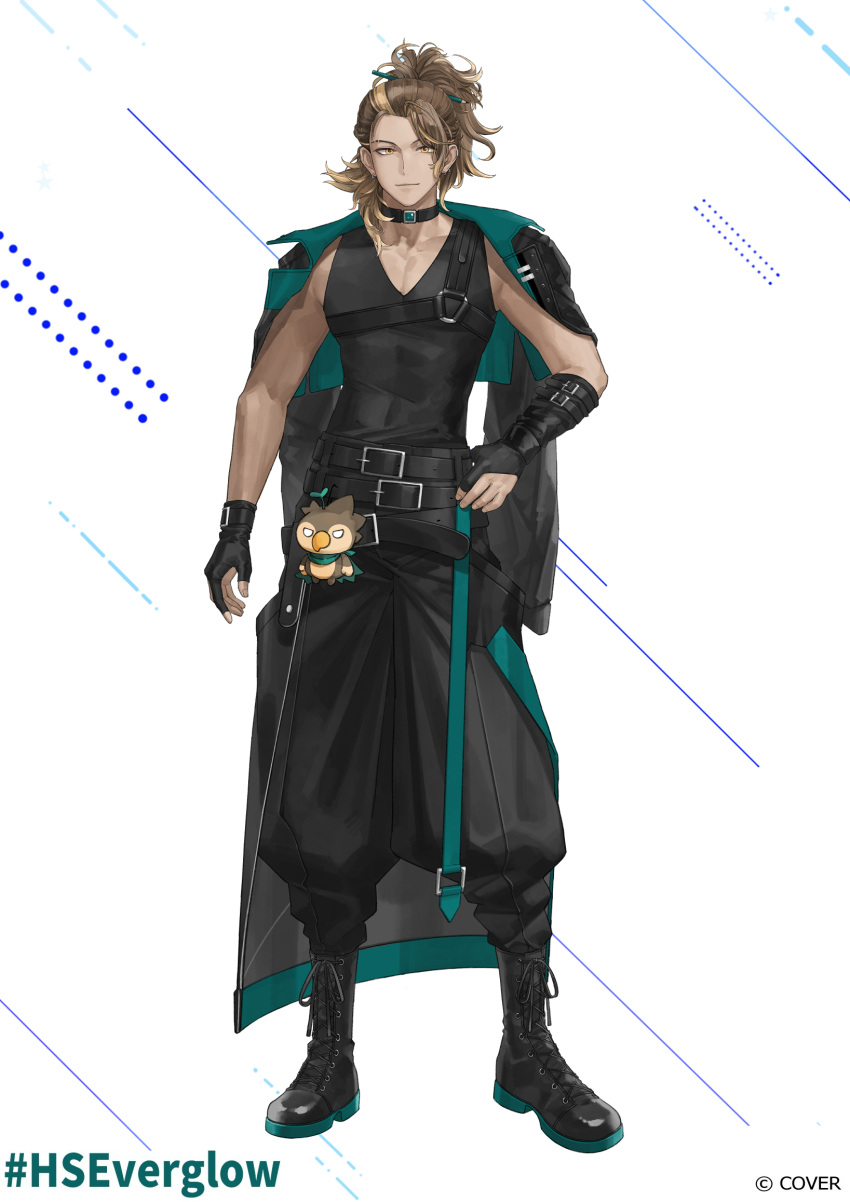 1boy, asymmetrical_gloves, baggy_pants, belt, bird, black_belt, black_boots, black_choker