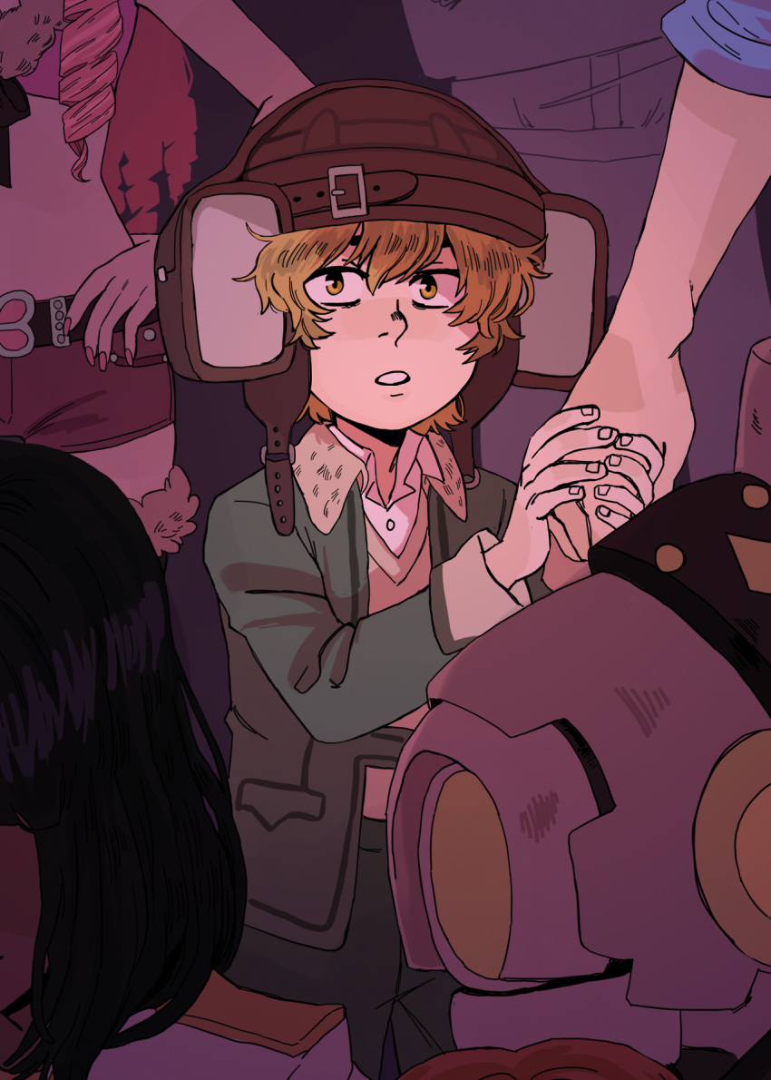 alice_(kyokugen_dasshutsu), aviator_cap, blonde_hair, brown_hat, child, collared_shirt, commentary, cookieekun