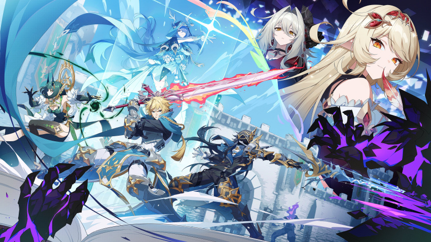 2boys, 4girls, absurdres, alice_(genshin_impact), bare_shoulders, blonde_hair, capitano_(genshin_impact), closed_mouth
