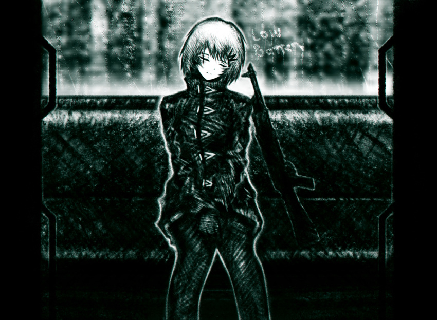 11e10, 1girl, aqua_theme, between_legs, closed_eyes, coat, doorway, english_text