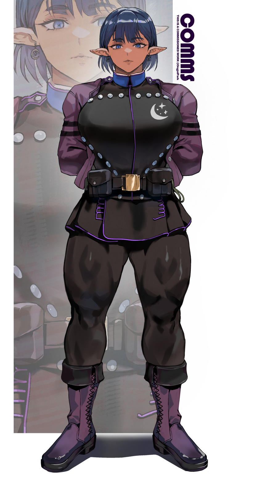 1girl, absurdres, arms_behind_back, belt, belt_pouch, black_pants, blue_eyes, blue_hair