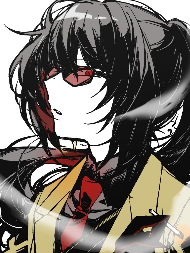 1girl, black_gloves, black_hair, black_shirt, cigarette, coat, collared_shirt, contempt_awe_(e.g.o), e.g.o_(project_moon), eno_ne3, gloves, limbus_company, long_hair, looking_at_viewer, n_corp._e.g.o_(identity)_(project_moon), necktie, ponytail, project_moon, red-tinted_eyewear, red_eyes, red_necktie, ryoshu_(project_moon), shirt, simple_background, smoking, solo, sunglasses, tinted_eyewear, upper_body, white_background, yellow_coat