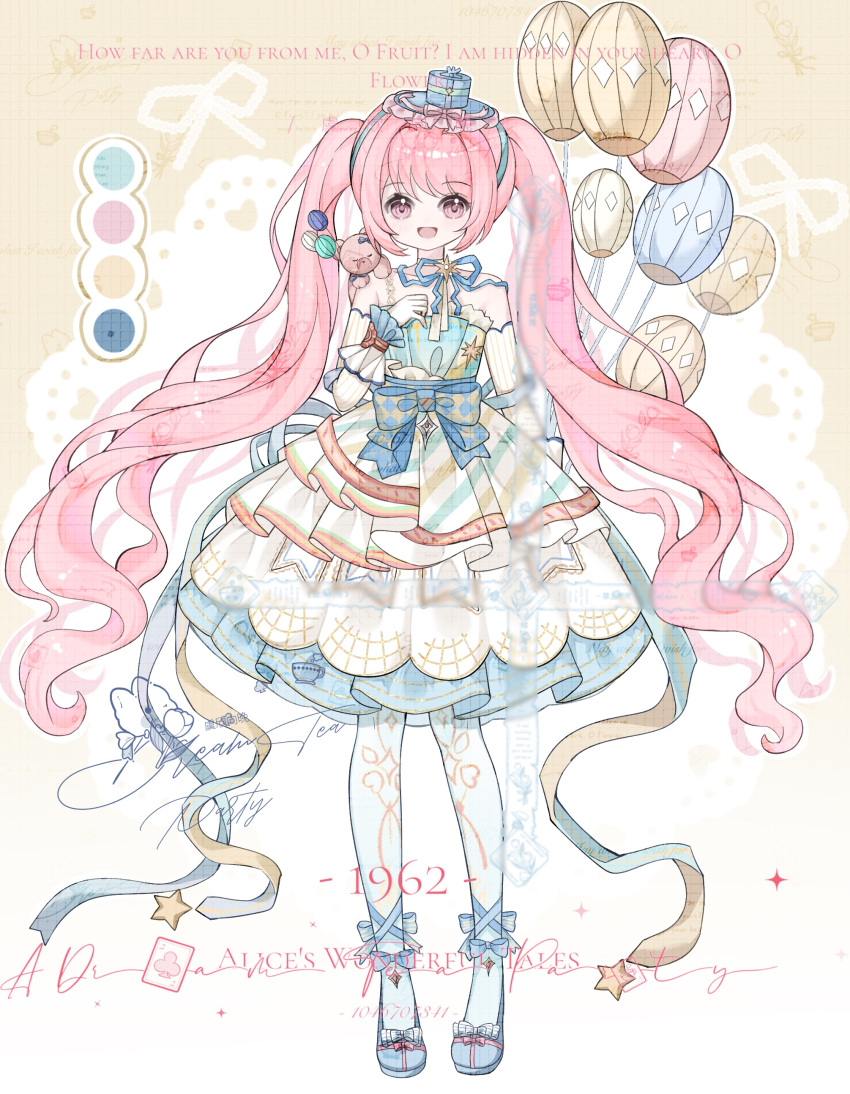 1girl, absurdres, ankle_bow, ankle_ribbon, argyle_bow, artist_request, back_ribbon, balloon, bare_shoulders, blue_bow, blue_dress, blue_hairband, blue_hat, blue_pantyhose, blue_ribbon, blue_shoes, blue_wrist_cuffs, bow, brooch, chinese_commentary, color_guide, commentary_request, commission, dance_till_dawn_(infinity_nikki), detached_sleeves, dress, eyelashes, frilled_dress, frilled_footwear, frilled_headwear, frilled_wrist_cuffs, frills, full_body, gradient_background, hairband, hand_on_own_chest, happy, hat, hat_bow, helena_blavatsky_(cosmo_chaldea_high_school)_(fate), helena_blavatsky_(fate), highres, holding, holding_balloon, infinity_nikki, jewelry, leg_ribbon, lolita_fashion, long_hair, long_sleeves, medium_dress, mini_hat, mini_top_hat, neck_ribbon, nikki_(series), official_alternate_color, open_mouth, pantyhose, pink_eyes, pink_hair, pleated_dress, red_bow, ribbon, sample_watermark, second-party_source, shoes, single_stripe, smile, solo, standing, star_brooch, strapless, strapless_dress, striped_bow, striped_clothes, striped_dress, stuffed_animal, stuffed_toy, tareme, teddy_bear, too_many_watermarks, top_hat, twintails, two-tone_bow, two-tone_dress, two-tone_wrist_cuffs, vertical-striped_sleeves, very_long_hair, waist_bow, watermark, wavy_hair, white_dress, white_sleeves, white_wrist_cuffs, wrist_bow, wrist_cuffs, yellow_background, yellow_bow
