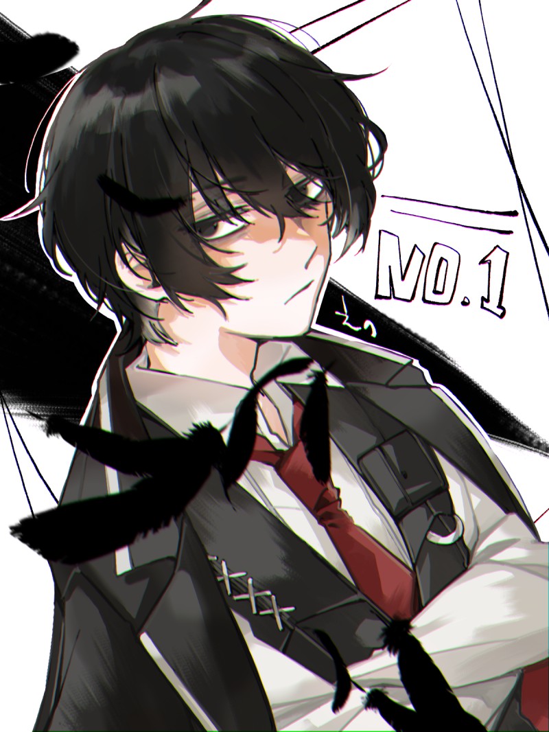 1boy, bird, black_coat, black_eyes, black_hair, black_vest, closed_mouth, coat