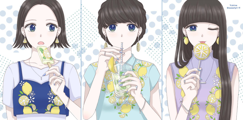 3girls, a~chan, blue_eyes, blunt_bangs, bracelet, brown_hair, commentary_request, cup, drinking_straw, earrings, food, food-themed_earrings, food_print, fruit_print, hair_bun, highres, holding, holding_cup, holding_food, jewelry, kashiyuka, lemon_earrings, lemon_print, long_hair, multiple_girls, necklace, nocchi_(perfume), one_eye_closed, perfume_(band), real_life, ring, shirt, short_hair, sleeveless, sleeveless_shirt, sleeveless_turtleneck, sweetpt19, turtleneck, twitter_username, upper_body