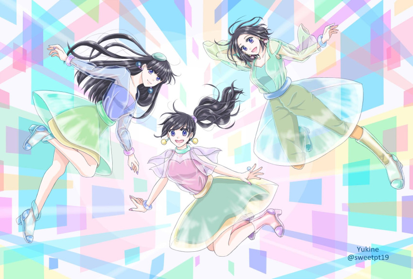 3girls, a~chan, black_hair, blue_eyes, blunt_bangs, boots, bracelet, commentary_request