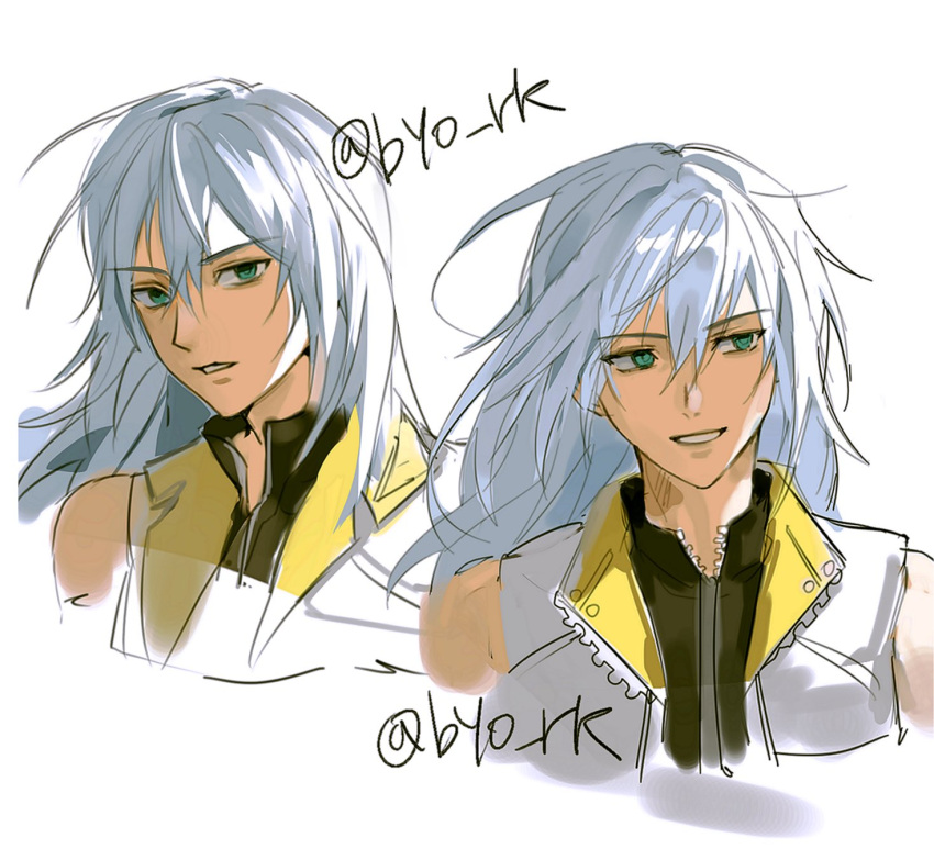 1boy, aqua_eyes, bare_shoulders, black_vest, byo_rk, cropped_torso, grey_hair, hair_between_eyes