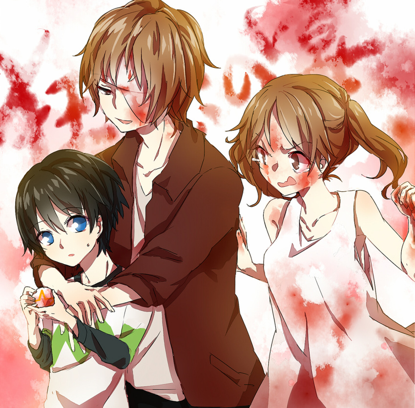 1girl, 2boys, aged_down, ball, bandage_over_one_eye, black_hair, blood, blood_on_clothes