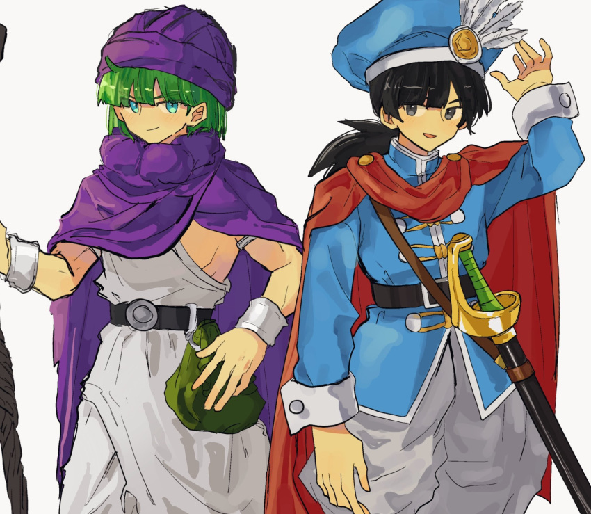 2boys, aqua_eyes, armlet, baggy_pants, belt, belt_buckle, black_belt, black_hair