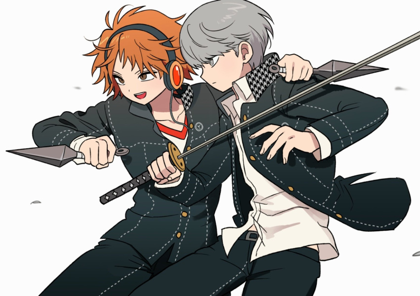 2boys, black_jacket, black_pants, blurry, blurry_foreground, brown_eyes, commentary_request, cowboy_shot