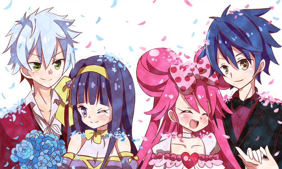 2boys, 2girls, ;), ^_^, black_suit, blue_flower, blue_hair, blush, cayenne_(lady_jewelpet), closed_eyes, closed_mouth, commentary_request, couple, dress, flower, holding_hands, jewelpet_(series), lady_jewelpet, libottle, lilian_(lady_jewelpet), miura_(jewelpet), momona, multiple_boys, multiple_girls, one_eye_closed, petals, pink_hair, portrait, purple_hair, red_suit, smile, suit, wedding, wedding_dress, white_background, white_hair