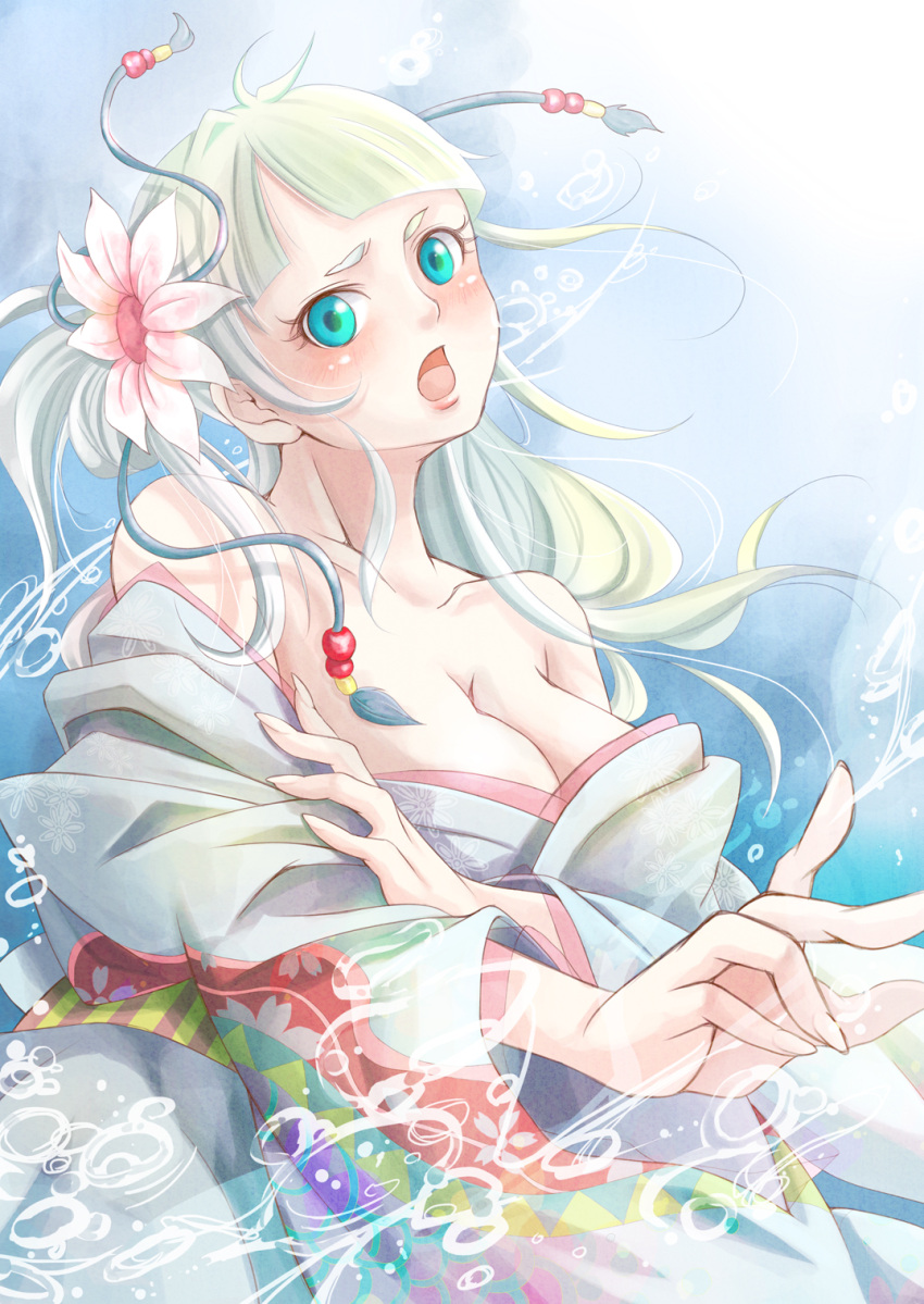 blue_eyes, collarbone, fingernails, flower, green_hair, hair_flower, hair_ornament, hands, highres, japanese_clothes, kimono, long_fingernails, long_hair, miku_(mitty39), off_shoulder, open_mouth, original, solo