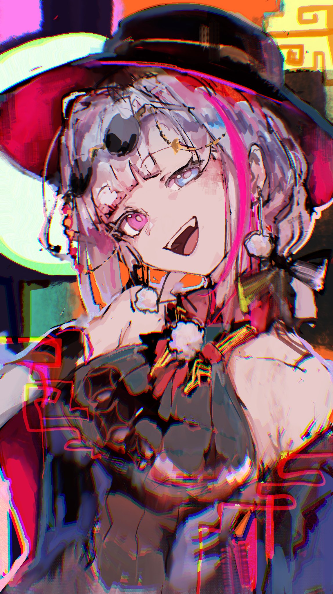 1girl, abstract_background, black_hat, blue_eyes, commentary, earrings, eeriesen3, english_commentary, eyewear_on_head, fang, girls'_frontline_neural_cloud, girls_frontline, grey_hair, hat, heterochromia, highres, jewelry, kuro_(extravagant_divination)_(neural_cloud), kuro_(neural_cloud), mdr_(girls'_frontline), multicolored_hair, official_alternate_costume, open_mouth, pink_eyes, pom_pom_(clothes), pom_pom_earrings, purple_hair, round_eyewear, smile, solo, streaked_hair, sunglasses, teeth, tongue, two-tone_hair, upper_body, upper_teeth_only