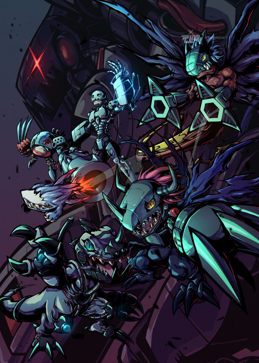 andromon, arm_cannon, blue_eyes, claw_(weapon), cyborg, digimon, digimon_(creature), dinosaur