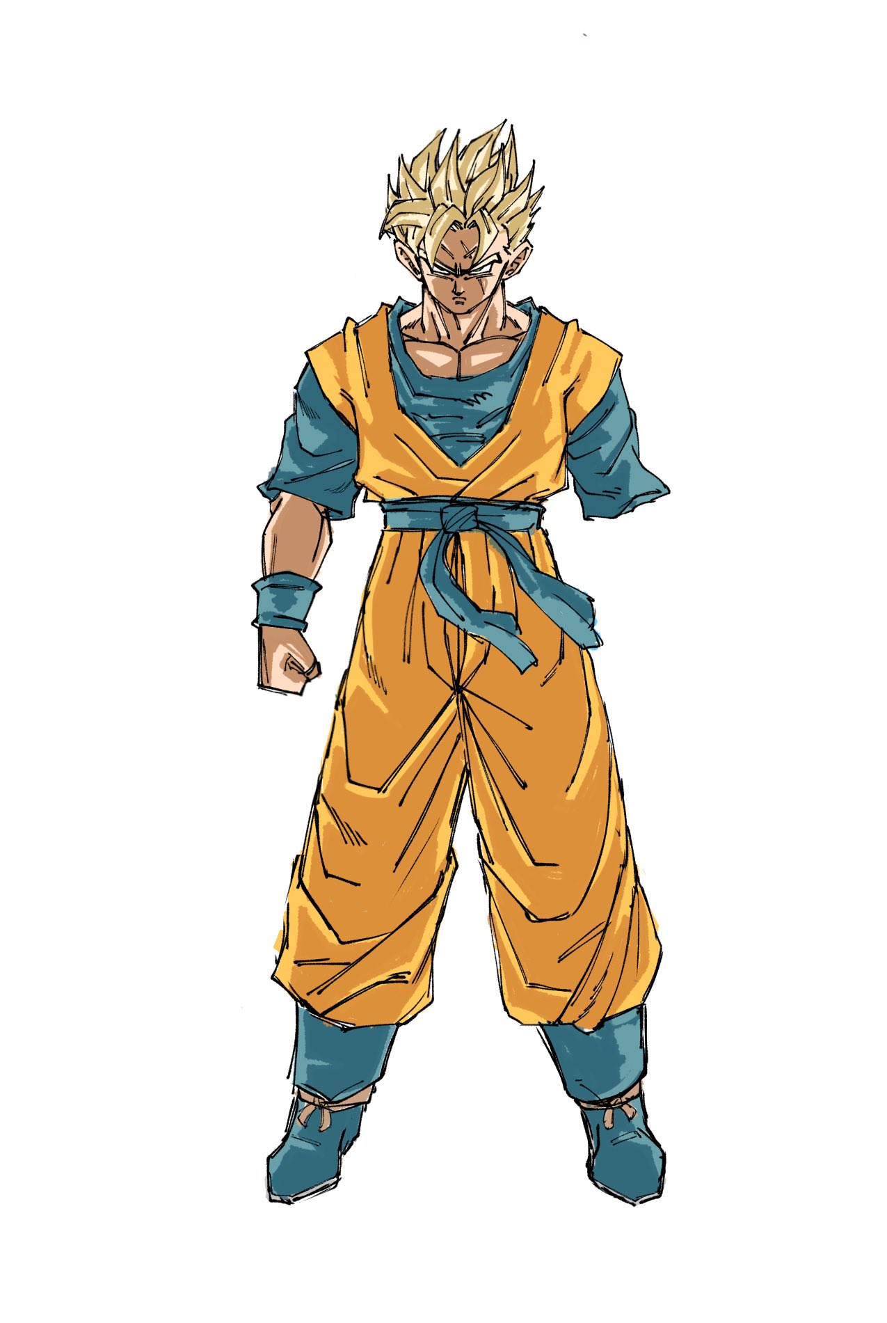 1boy, amputee, blonde_hair, blue_boots, blue_sash, blue_shirt, boots, dougi