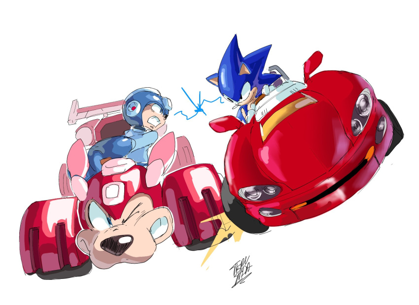 2boys, blue_helmet, car, cosplay, crossover, driving, helmet, highres
