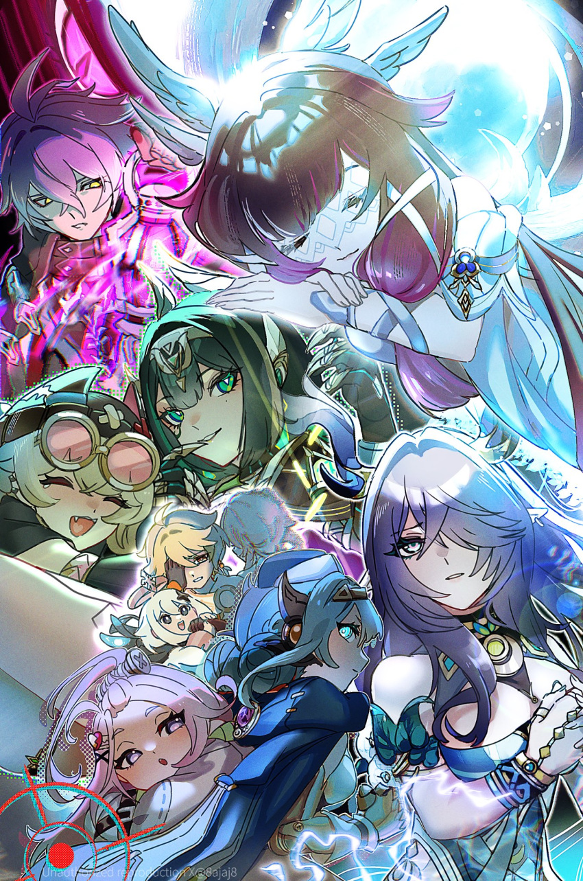 2boys, 6+girls, 8ajaj8, aether_(genshin_impact), aino_(genshin_impact), antlers, bare_shoulders, black_hair