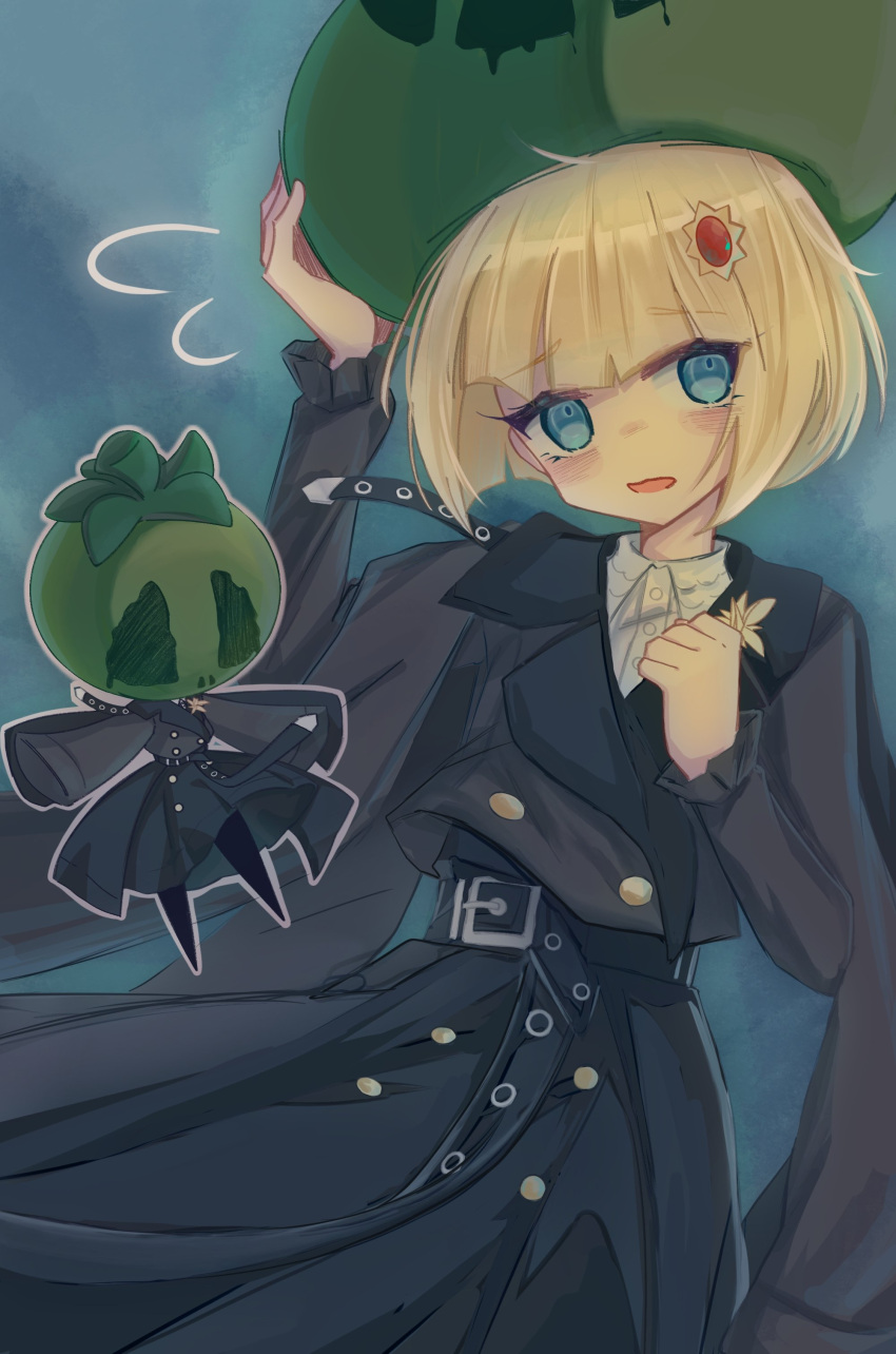 1girl, absurdres, belt, black_belt, black_jacket, black_skirt, blonde_hair, blue_background