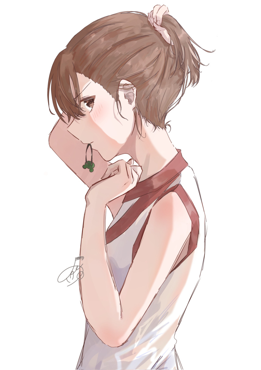 1girl, absurdres, brown_eyes, brown_hair, commentary_request, from_side, gym_shirt, gym_uniform, hair_tie_in_mouth, highres, looking_at_viewer, misaka_mikoto, mouth_hold, shirt, short_hair, signature, sleeveless, sleeveless_shirt, toaru_kagaku_no_railgun, toaru_kagaku_no_railgun_t, toaru_majutsu_no_index, tokiwadai_school_gym_uniform, tying_hair, upper_body, white_background, yato_a2