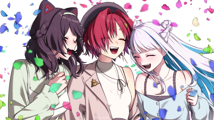 3girls, :d, ^_^, ange_katrina, animal_ears, bare_shoulders, beret, blown_away