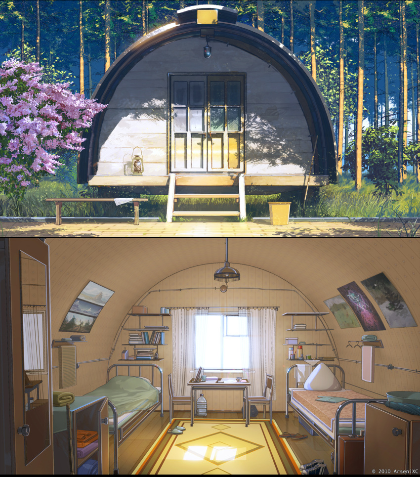 bed, bedroom, bench, book, carpet, cherry_blossoms, door, flower