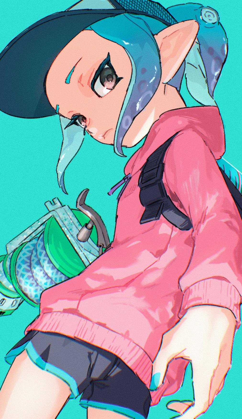 1girl, aqua_background, aqua_nails, baseball_cap, black_shorts, blue_trim, brown_eyes, closed_mouth