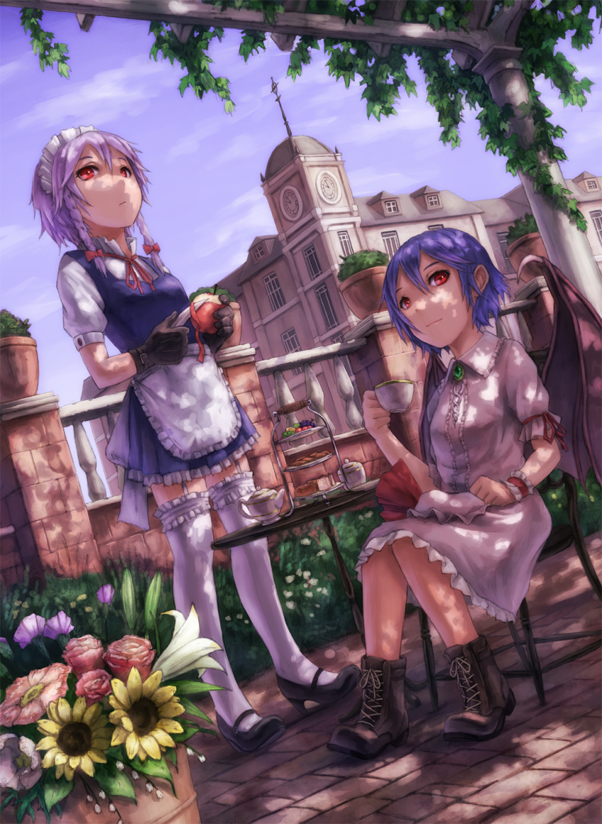 ankle_boots, apple, apple_peel, bat_wings, black_gloves, blue_dress, blue_hair, boots