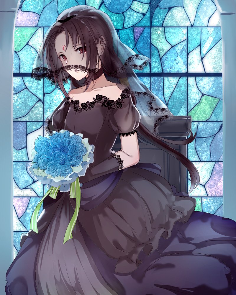1boy, black_dress, black_gloves, black_hair, blue_flower, bouquet, bridal_veil, choker, collarbone, commentary_request, crossdressing, crossdressing_(mtf), dress, elbow_gloves, facial_mark, fire_emblem, fire_emblem:_path_of_radiance, flower, forehead_mark, gloves, holding, holding_bouquet, indoors, kuroineko8822, long_hair, looking_at_viewer, male_focus, parted_lips, red_eyes, solo, soren_(fire_emblem), stained_glass, variant_set, veil, wedding_dress