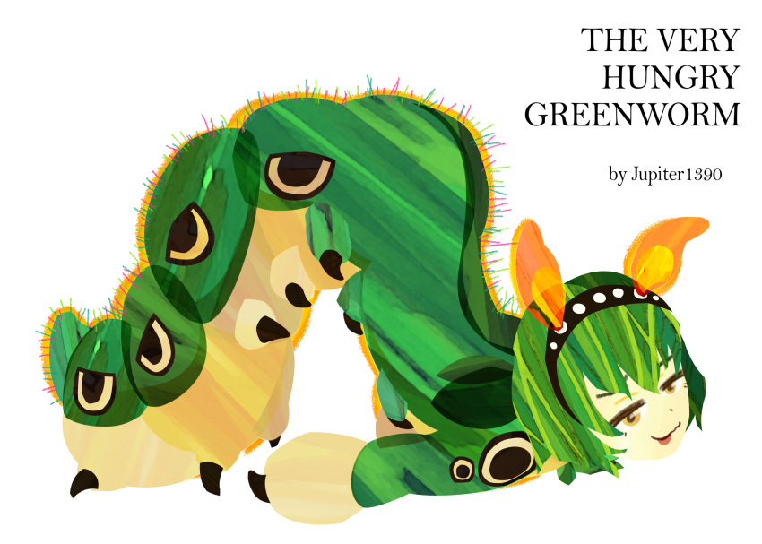 1girl, caterpillar_girl, english_text, eric_carle_(style), full_body, green_hair, greenworm_(monster_girl_encyclopedia), highres