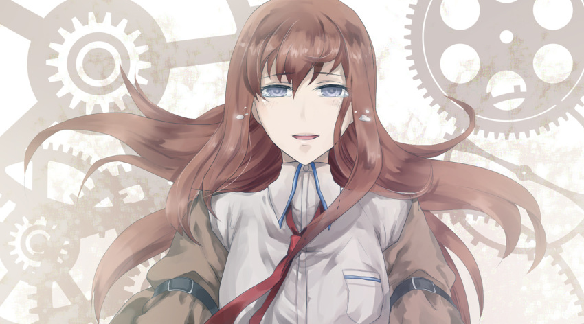 blush, brown_hair, gears, jacket, kome_kako, long_hair, makise_kurisu, necktie