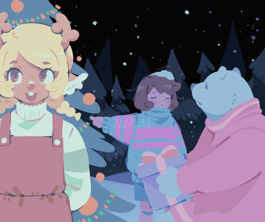 animal_ears, antlers, bear_ears, blonde_hair, blue_shorts, blue_sweater, box, braid