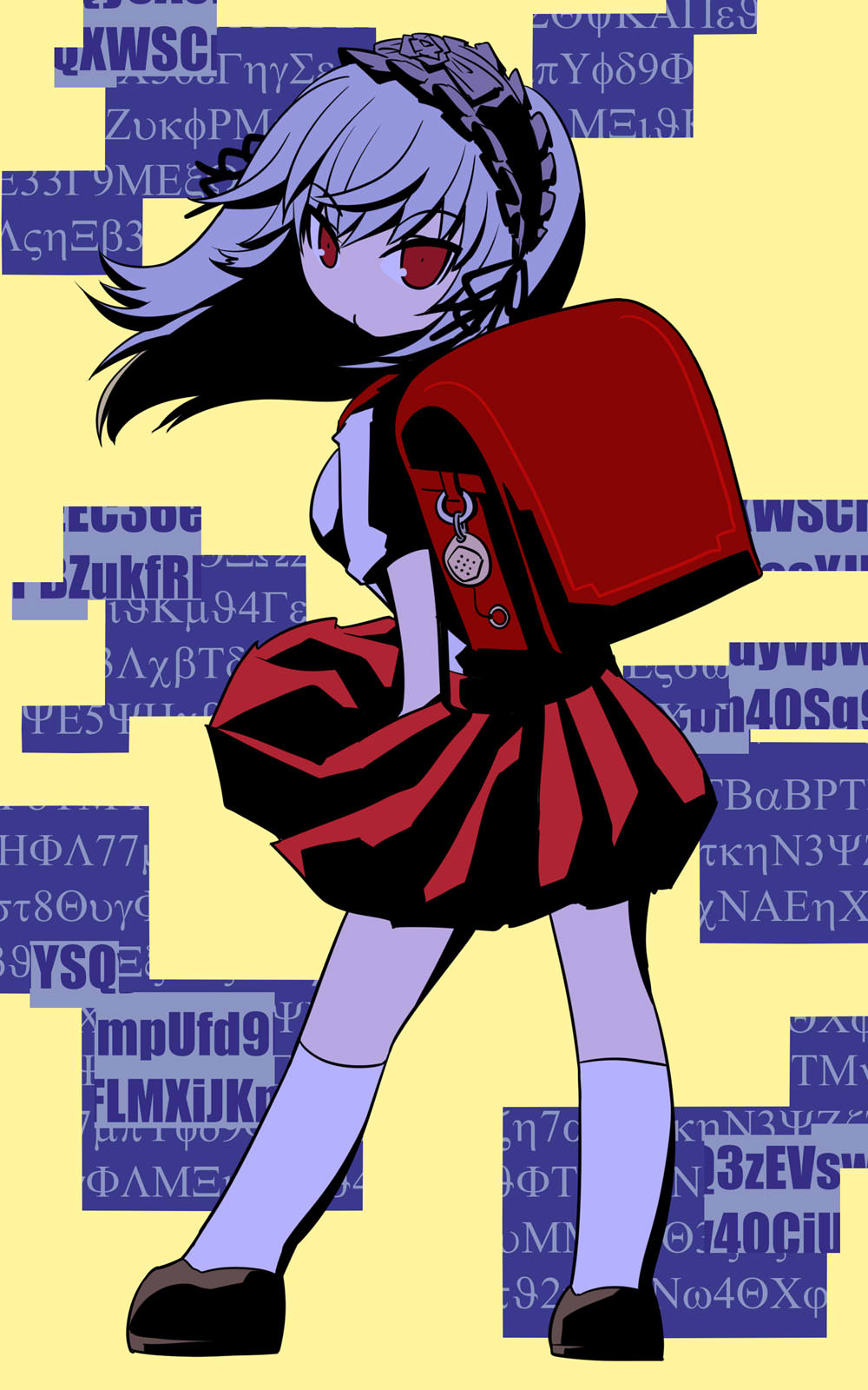 1girl, alternate_costume, backpack, bag, black_hairband, black_ribbon, brown_shoes, commentary_request