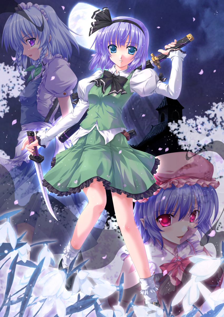 amami-masumasu, blue_dress, blue_eyes, blue_hair, braid, cherry_blossoms, dress, dual_wielding