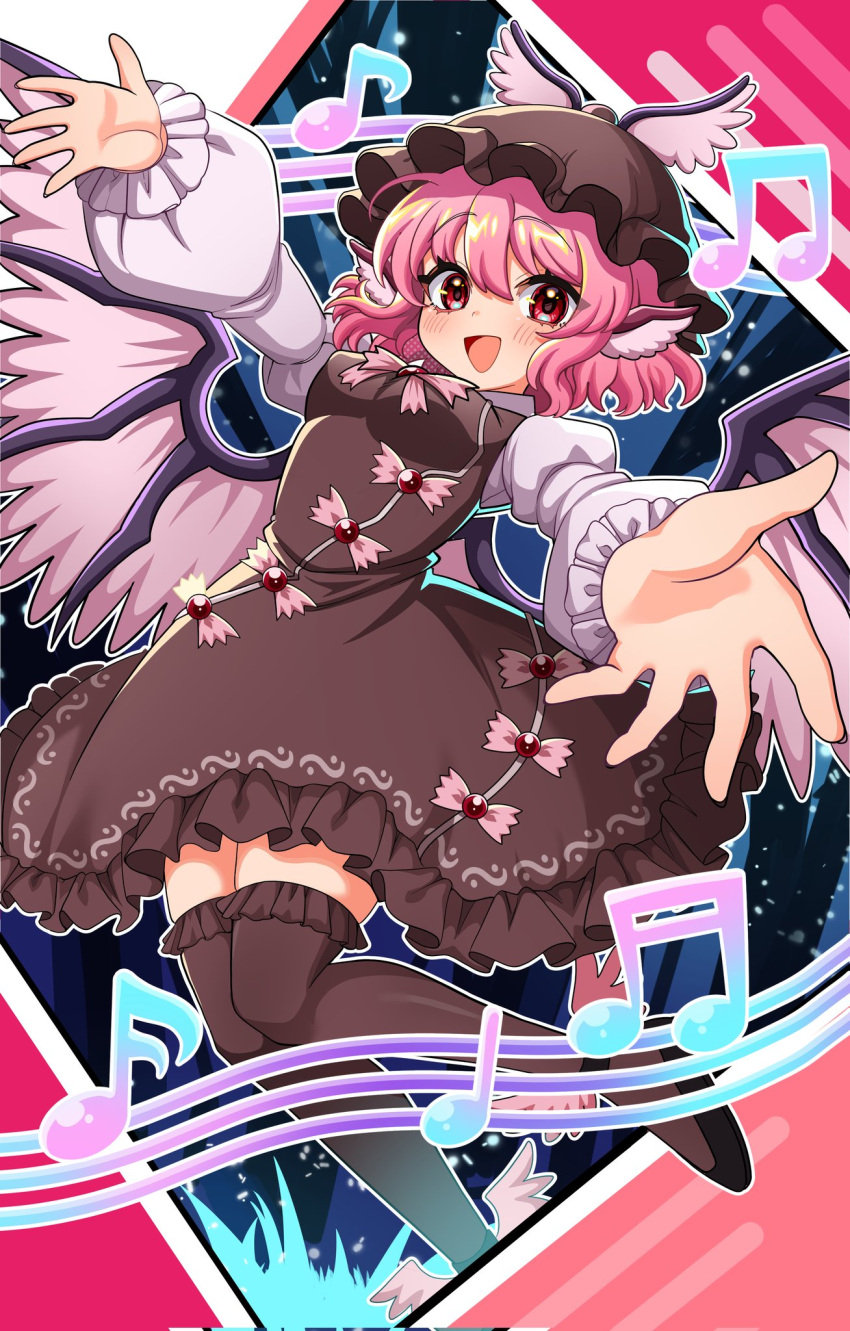 1girl, brown_dress, brown_thighhighs, dress, feathered_wings, highres, ishiki_nuru, long_sleeves