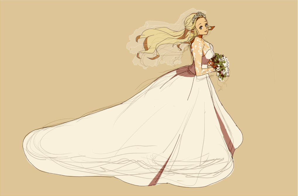 blue_eyes, bouquet, dress, elf, flower, long_hair, mutsuki_kaya, ocarina_of_time, pointy_ears, princess_zelda, sketch, the_legend_of_zelda, veil, wedding_dress