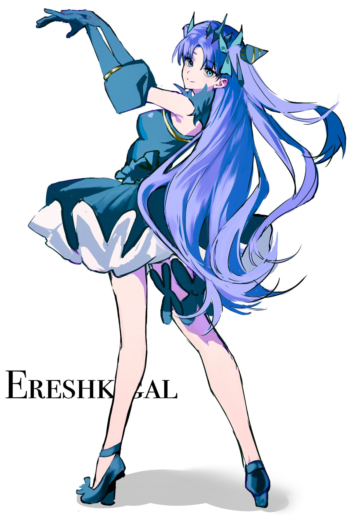 1girl, anki-ereshkigal_(fate), bare_shoulders, black_dress, black_gloves, blue_eyes, breasts, detached_sleeves