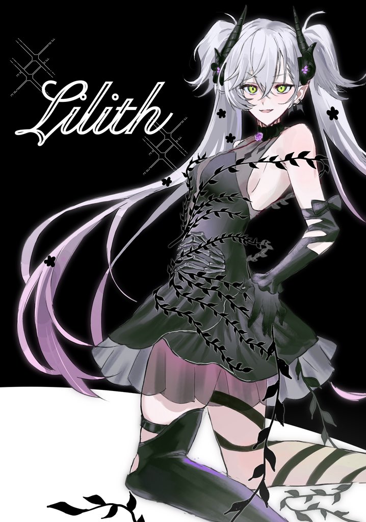 1girl, bare_shoulders, black_dress, black_thighhighs, breasts, demon_horns, detached_sleeves, dress