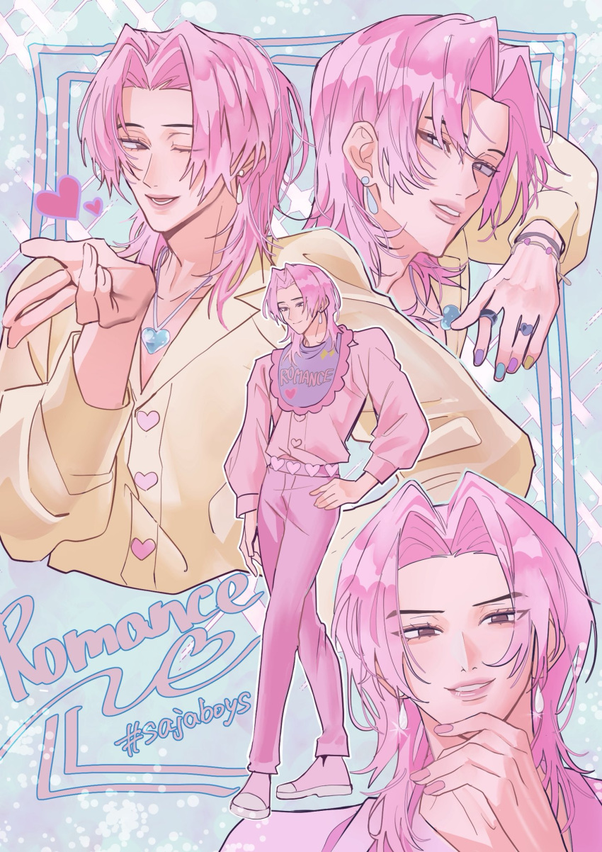 1boy, bracelet, character_name, commentary, couple, earrings, full_body, hand_on_own_hip, hashtag-only_commentary, heart, heart_pendant, highres, jewelry, kpop_demon_hunters, male_focus, medium_hair, mekabu_channn, multiple_views, one_eye_closed, pants, pink_hair, pink_nails, pink_pants, pink_shirt, ring, romance_(kpop_demon_hunters), shirt, smile, symbol-only_commentary, yellow_shirt
