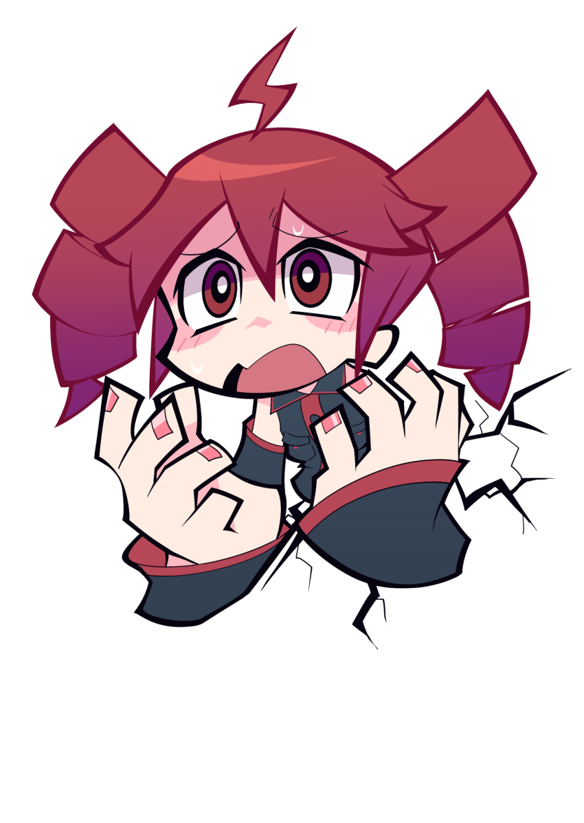 1girl, ahoge, blush, crack, cracked_wall, drill_hair, highres, kasane_teto