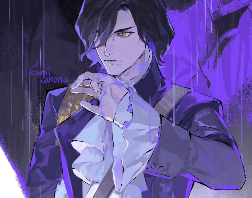arm_up, artist_name, black_coat, black_hair, closed_mouth, coat, commentary, devil_may_cry_(series)