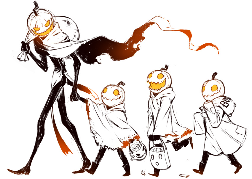 4others, bag, cloak, coat, full_body, holding, holding_bag, jack-o'-lantern